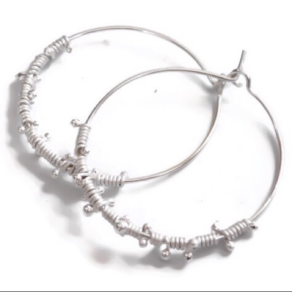 925 Sterling Silver Wire Wrapped Dew Drop Beaded Medium Sized Hoop Earrings - Picture 5 of 8